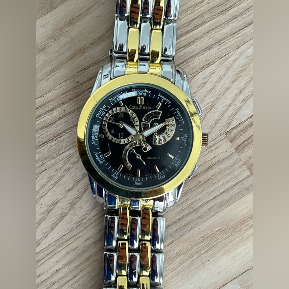 Cote D’Azur Men’s Watch Vintage Two Tone Bracelet and Case Black Dial